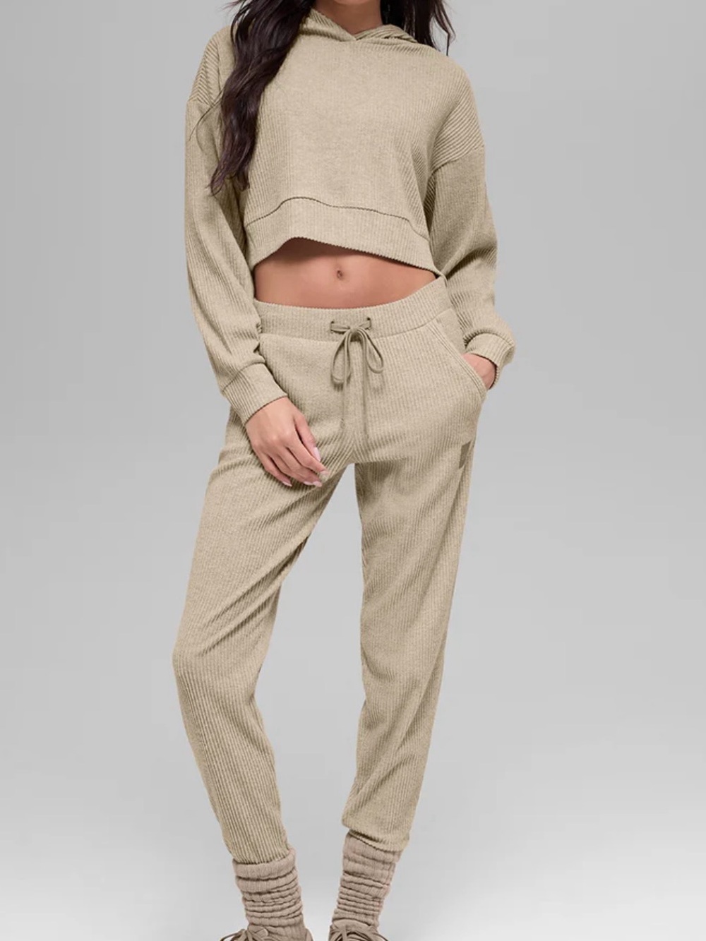 ALO Yoga Beige Ribbed Drawstring Joggers - Picture 1 of 9